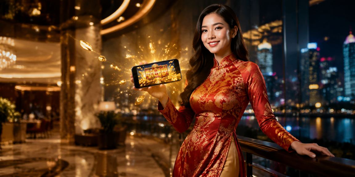 Người dùng Hà Nội trong trang phục áo dài chơi slot game ssxmb trên điện thoại